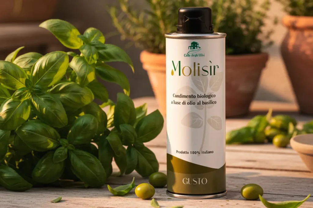 lattina di olio extravergine d’oliva biologico aromatizzato al basilico Molisìr